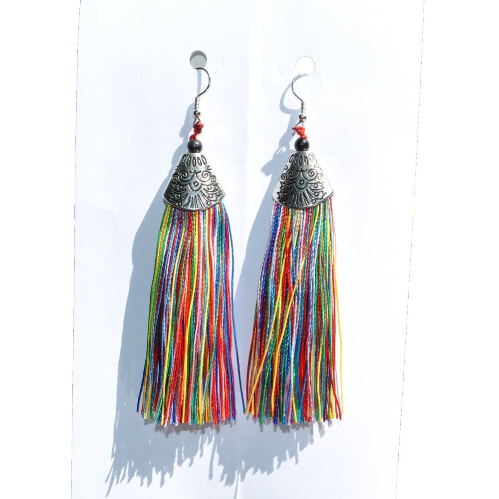 Silver Hook Rainbow Boho Gypsy earrings with tassel fringe